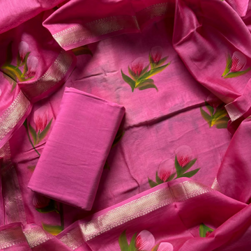 Pink Blush Handpainted 100% Pure Soft Cotton Suit - Kurta, Pants, Maheshwari Silk Border Dupata : Unstitched