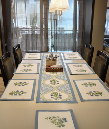 Gulabi Kamal handblock dining mat and runner sets collection banner, hand block printed cotton table linen, Sanganer Jaipur artisan craft