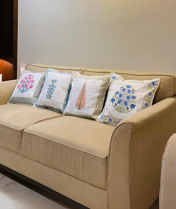 Gulabi Kamal handblock cushion covers collection banner, hand block printed cotton cushion covers, Sanganer Jaipur artisan craft