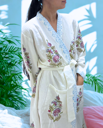 Royal Radiant Handblock Premium Bathrobe, hand block printed premium cotton bathrobe, main product image, Sanganer Jaipur artisan craft