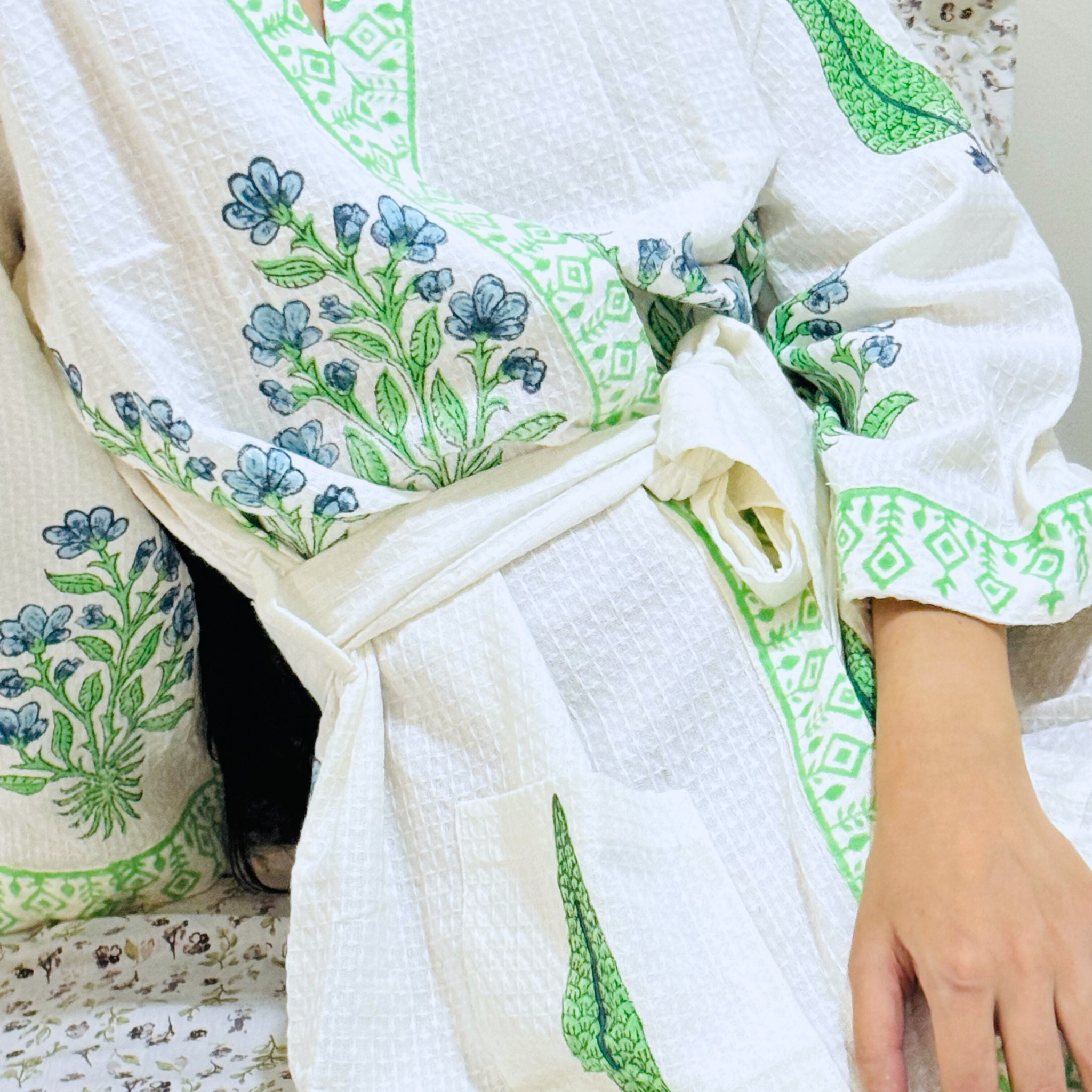 Green Ocean Handblock Premium  Bathrobe