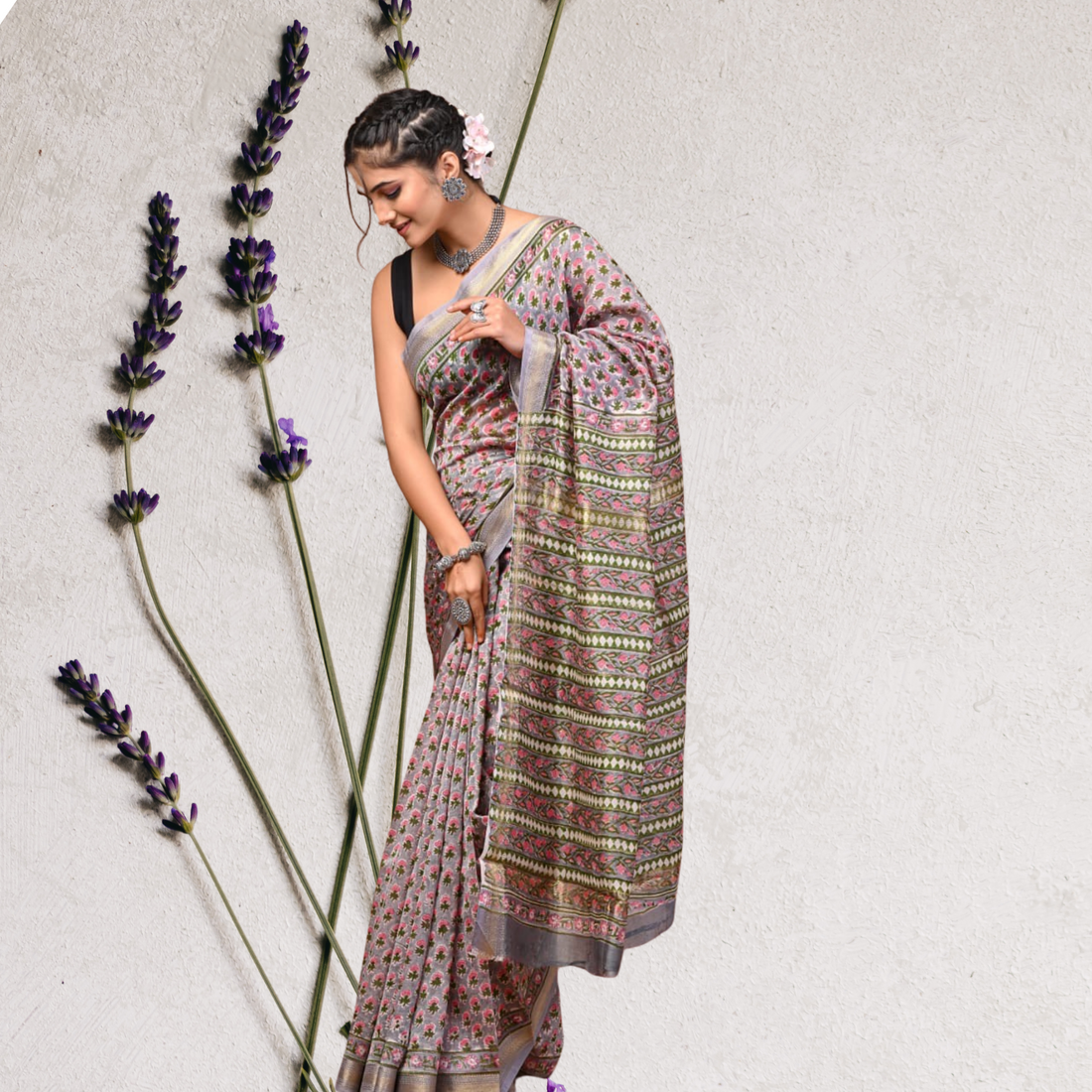 Lavender Handblock 100% Pure Maheshwari Silk Saree