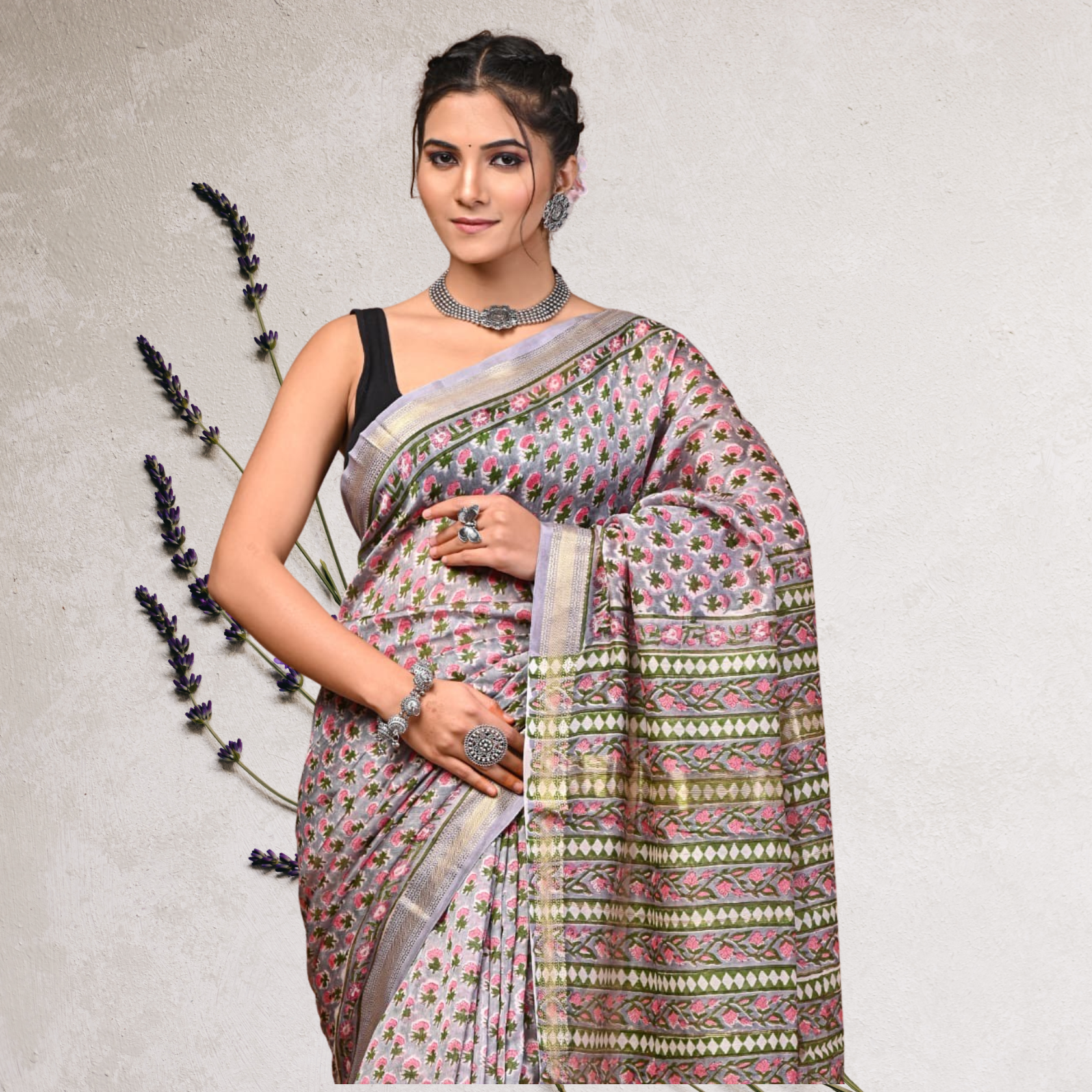 Lavender Handblock 100% Pure Maheshwari Silk Saree