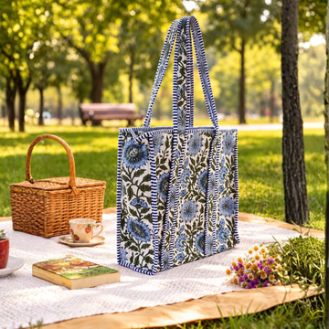 Blue Bloom  Quilted Tote Bag - 100% Cotton