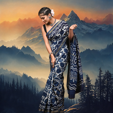 Neelgiri 100% Pure Handblock Maheshwari Silk Saree