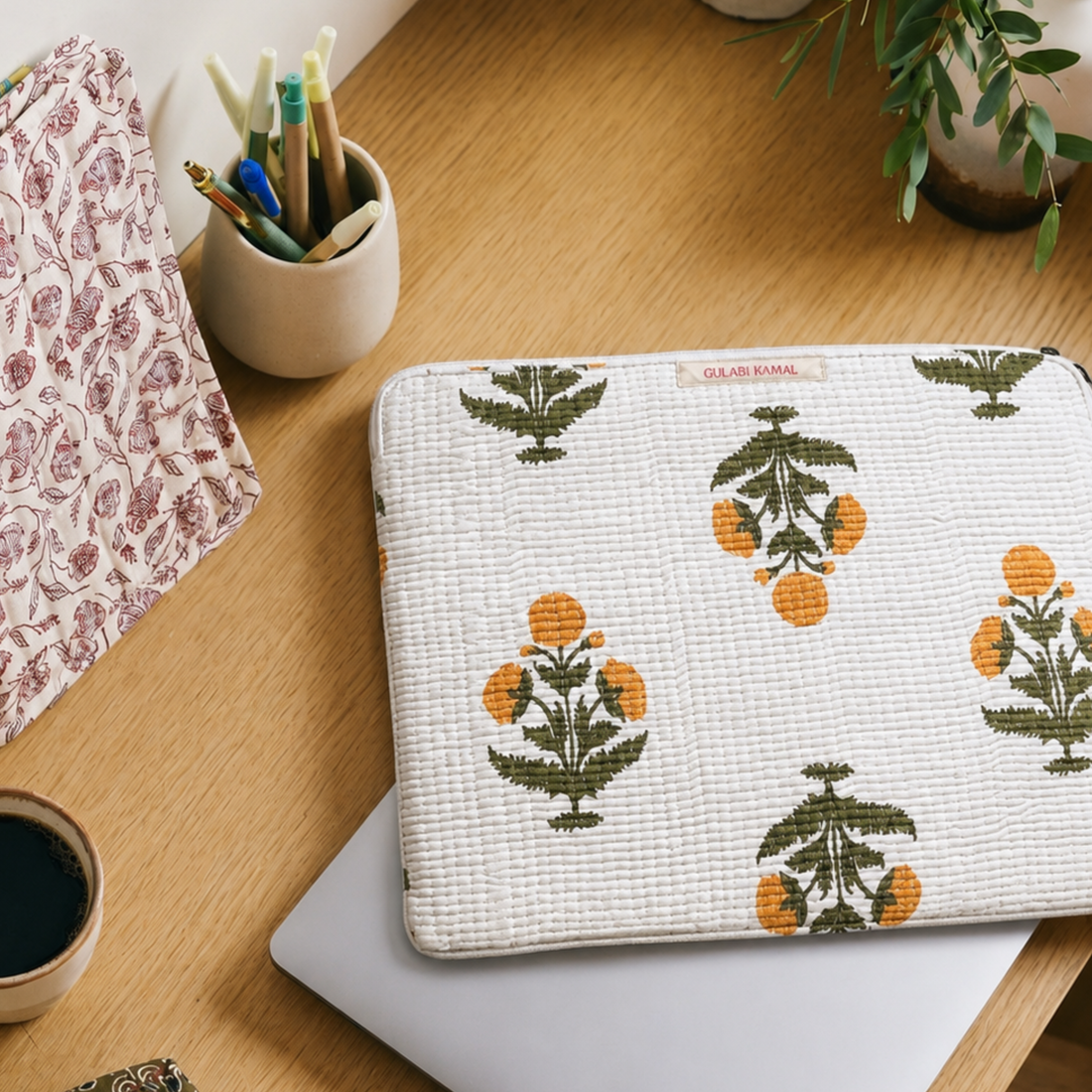 Pali Garden Artistic Handblock Laptop Sleeve, hand block printed artistic laptop sleeve, main product image, Sanganer Jaipur artisan craft