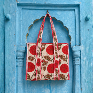 Red Bloom Quilted Tote Bag - 100% Cotton