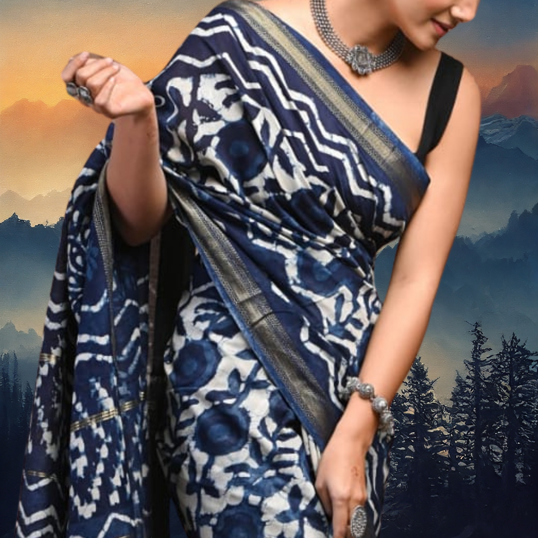 Neelgiri 100% Pure Handblock Maheshwari Silk Saree