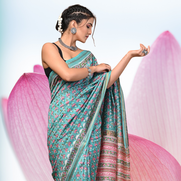 Neel Kamal Handblock 100% Pure Maheshwari Silk Saree