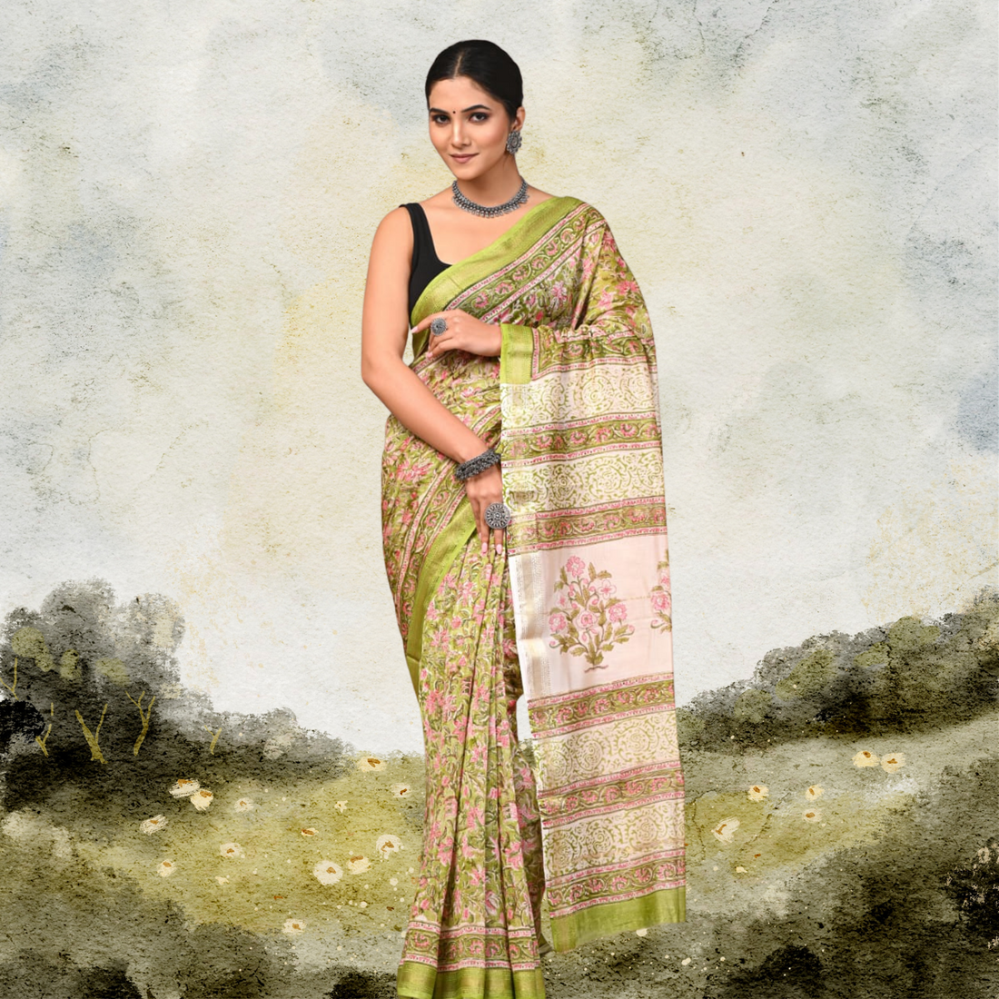 Harshi  100% Pure Handblock Maheshwari Border Saree