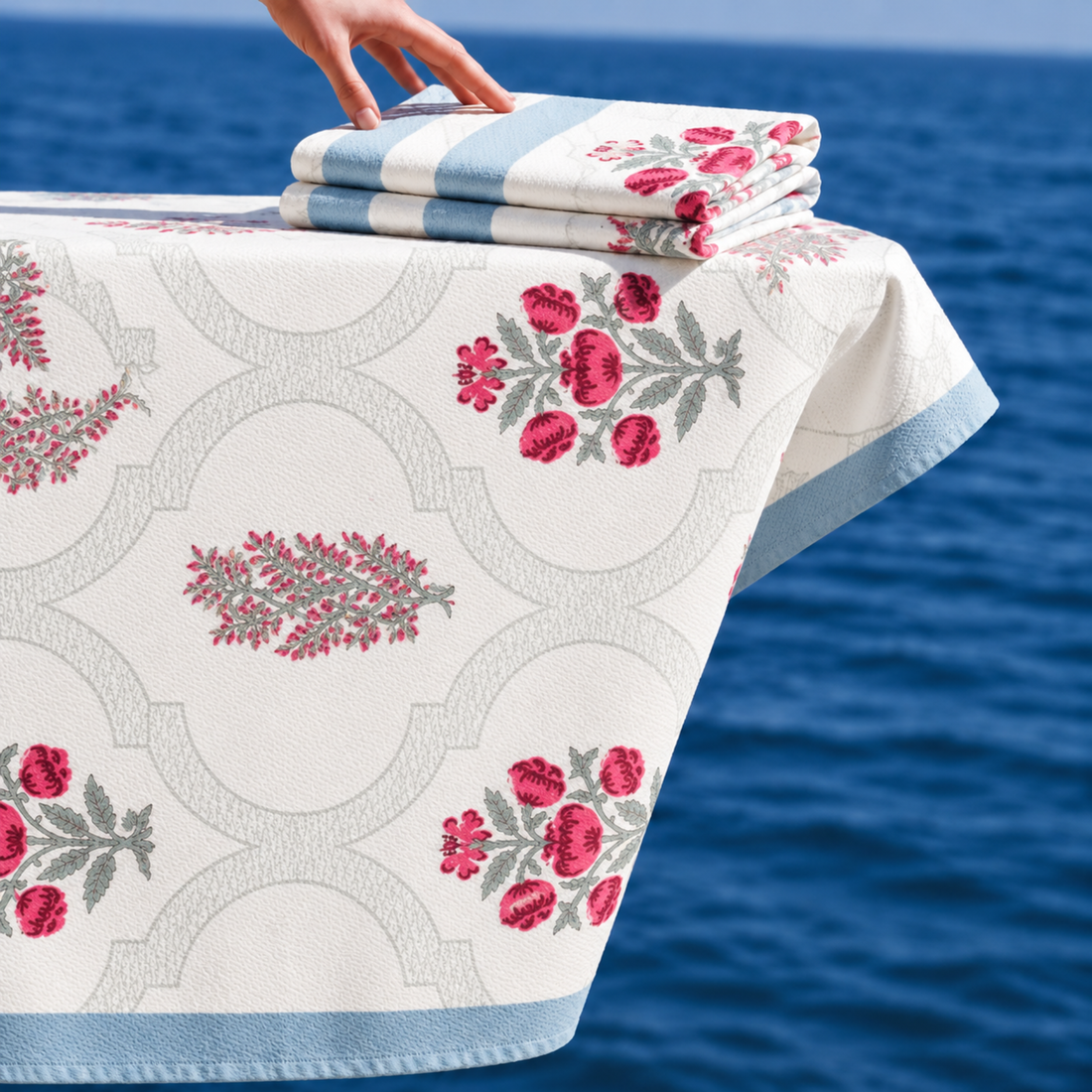 Blue Garden  Handblock Premium Bath Towel Set (Towel + 2 Hand Towels)