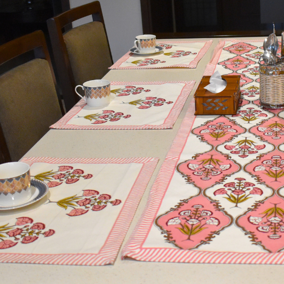 Bloom Handlook Cotton Mat + Runner 7 Pcs Set, hand block printed cotton table mat and runner set, main product image, Sanganer Jaipur artisan craft