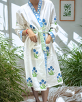 Blue Breeze Handblock Premium Bathrobe hand block printed premium cotton bathrobe close-up detail, print pattern