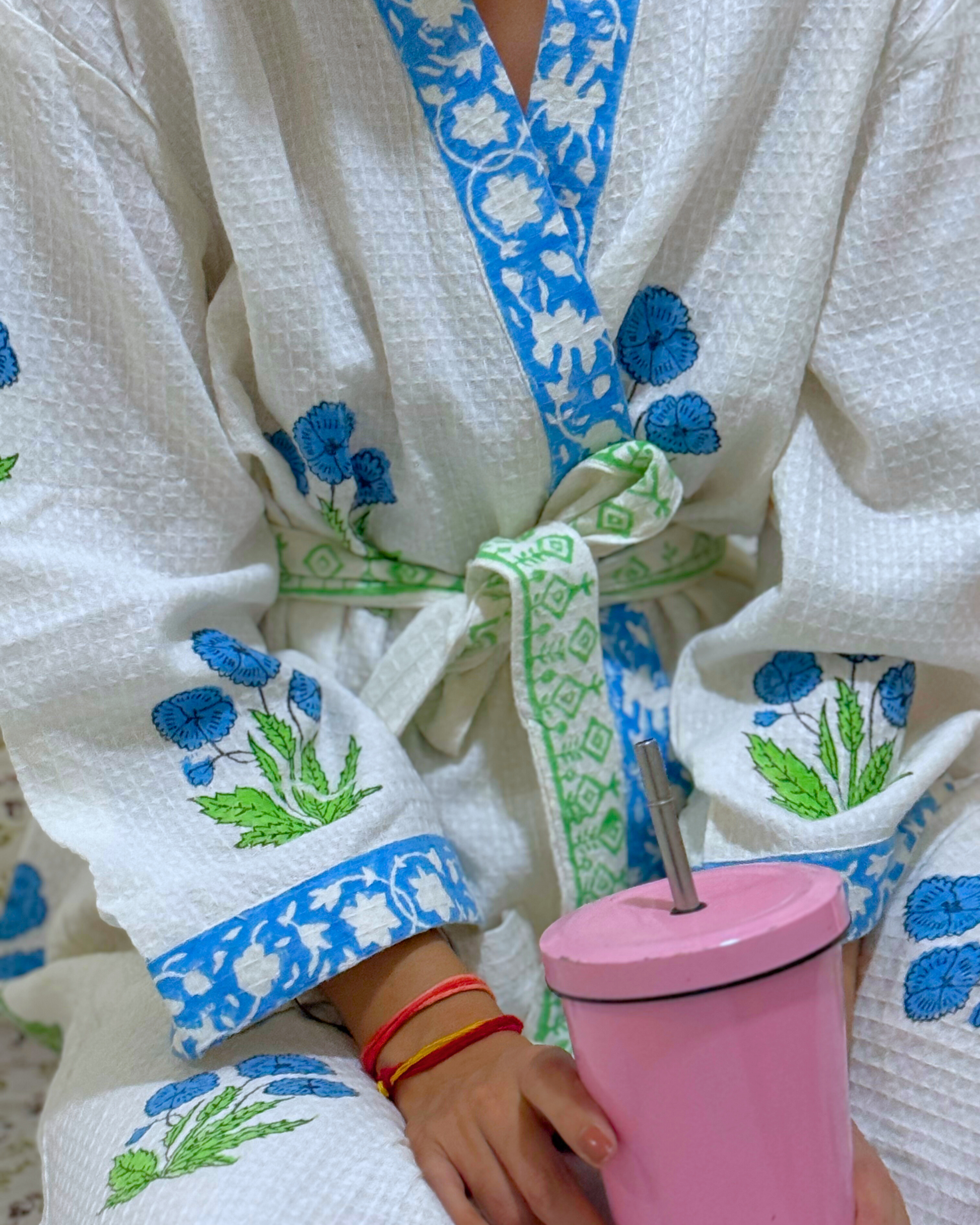 Blue Breeze Handblock Premium Bathrobe hand block printed premium cotton bathrobe close-up detail, print pattern