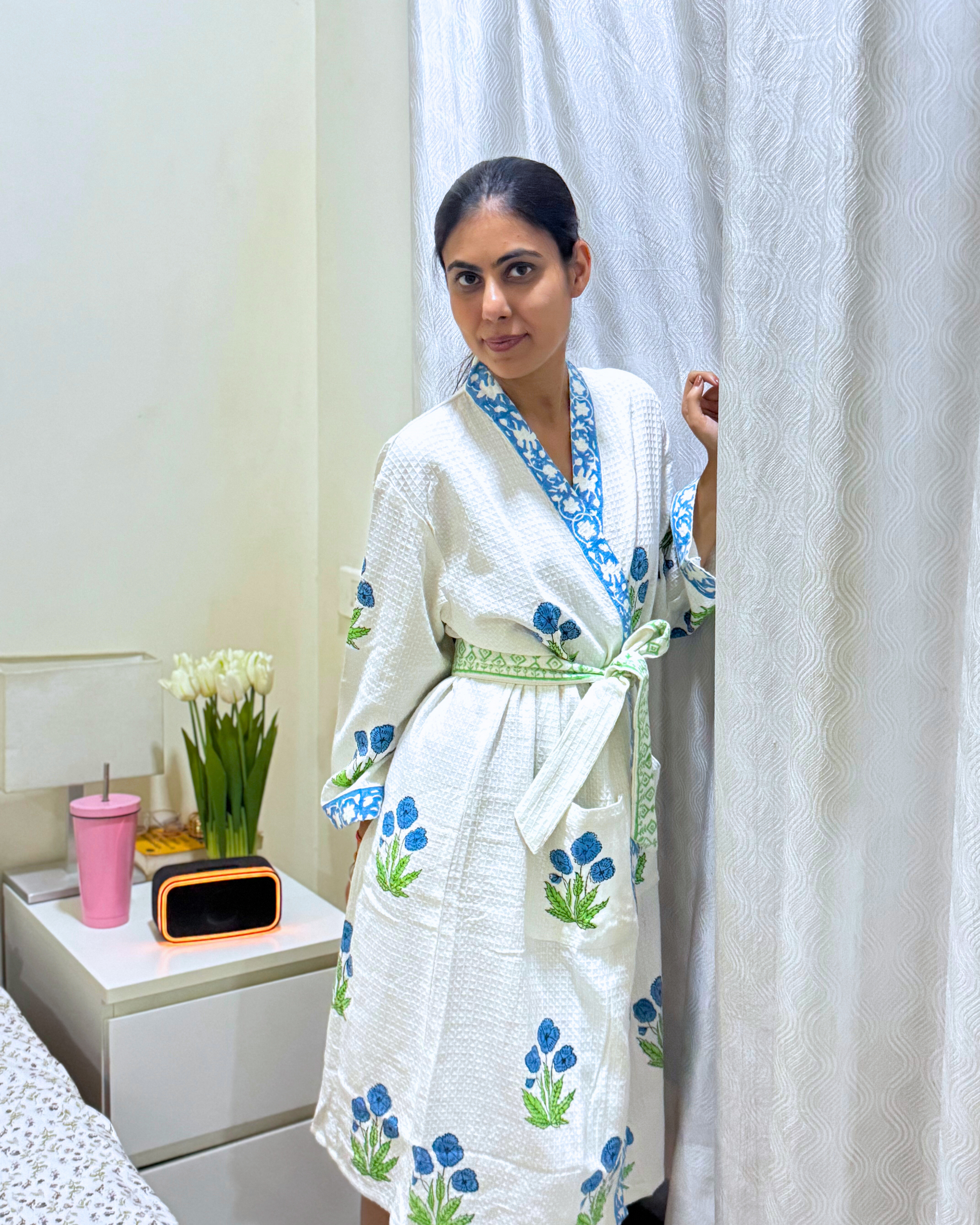 Blue Breeze Handblock Premium Bathrobe hand block printed premium cotton bathrobe styled view showing full set