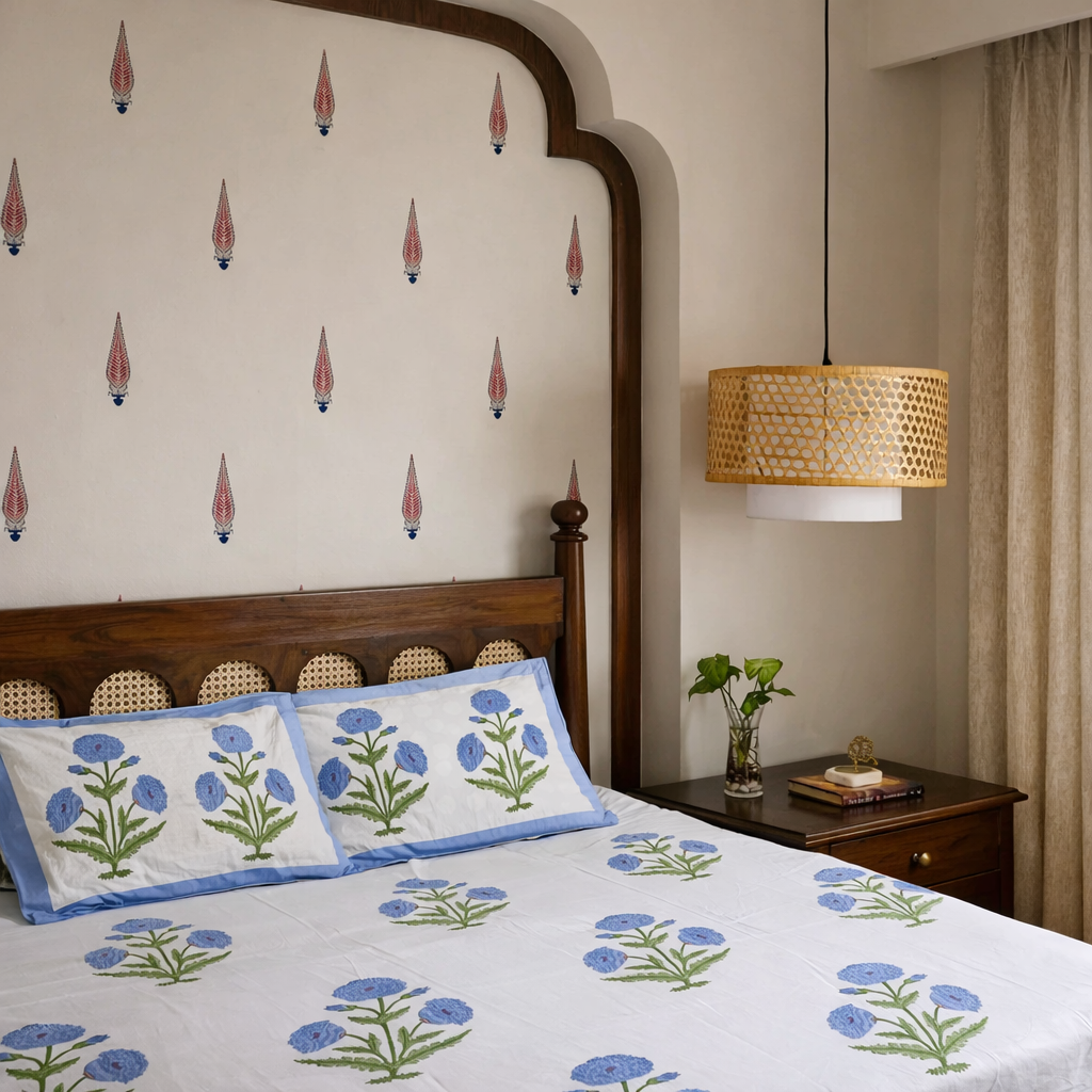Blue Flora - Handblock Bedding hand block printed cotton bedding set close-up detail, print pattern