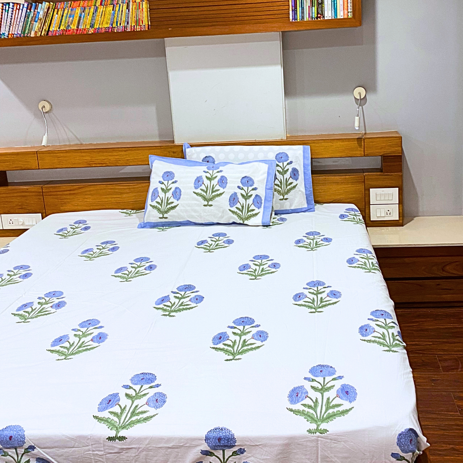Blue Flora - Handblock Bedding hand block printed cotton bedding set close-up detail, print pattern