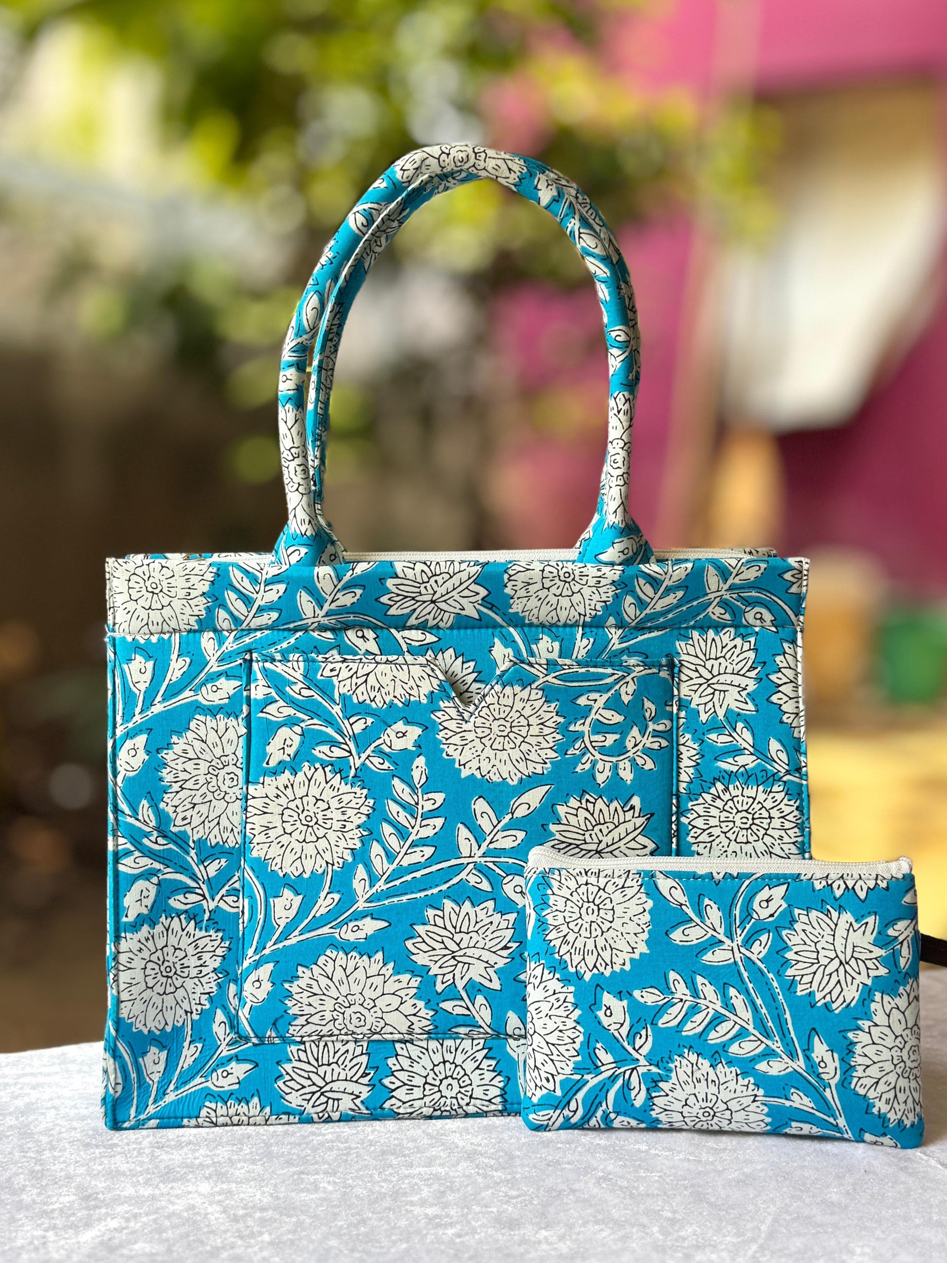 Blue Garden Handblock Handbag, hand block printed handbag, main product image, Sanganer Jaipur artisan craft