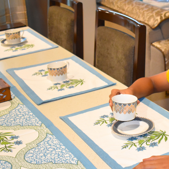 Blue Gardenia Handblock Cotton Mat + Runner 7 Pcs Set, hand block printed cotton table mat and runner set, main product image, Sanganer Jaipur artisan craft
