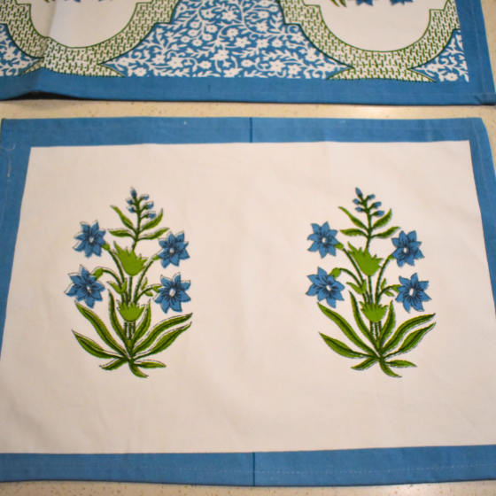 Blue Gardenia Handblock Cotton Mat + Runner 7 Pcs Set hand block printed cotton table mat and runner set close-up detail, hand block print pattern