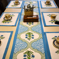 Blue Gardenia Handblock Cotton Mat + Runner 7 Pcs Set hand block printed cotton table mat and runner set close-up detail, hand block print pattern