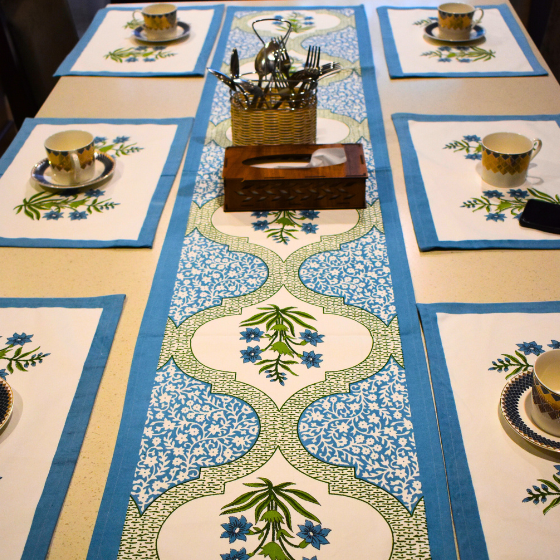 Blue Gardenia Handblock Cotton Mat + Runner 7 Pcs Set hand block printed cotton table mat and runner set close-up detail, hand block print pattern