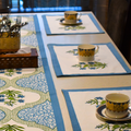 Blue Gardenia Handblock Cotton Mat + Runner 7 Pcs Set hand block printed cotton table mat and runner set styled view showing full set