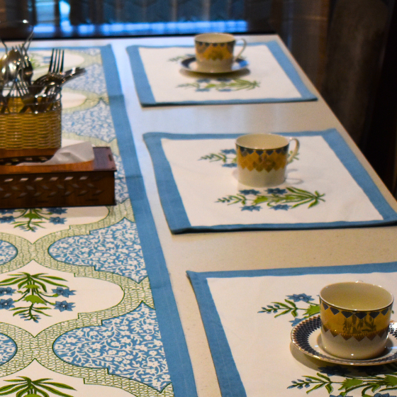 Blue Gardenia Handblock Cotton Mat + Runner 7 Pcs Set hand block printed cotton table mat and runner set styled view showing full set