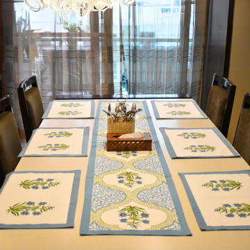 Blue Gardenia Handblock Cotton Mat + Runner 7 Pcs Set, hand block printed cotton table mat and runner set, main product image, Sanganer Jaipur artisan craft