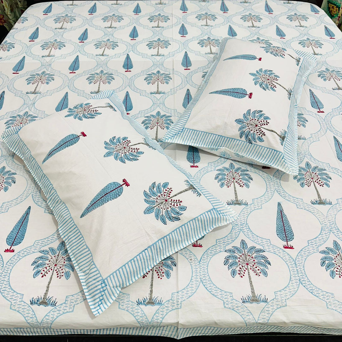 Blue Palm - Handblock Bedding, hand block printed cotton bedding set, main product image, Sanganer Jaipur artisan craft