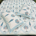 Blue Palm - Handblock Bedding hand block printed cotton bedding set styled view showing full set