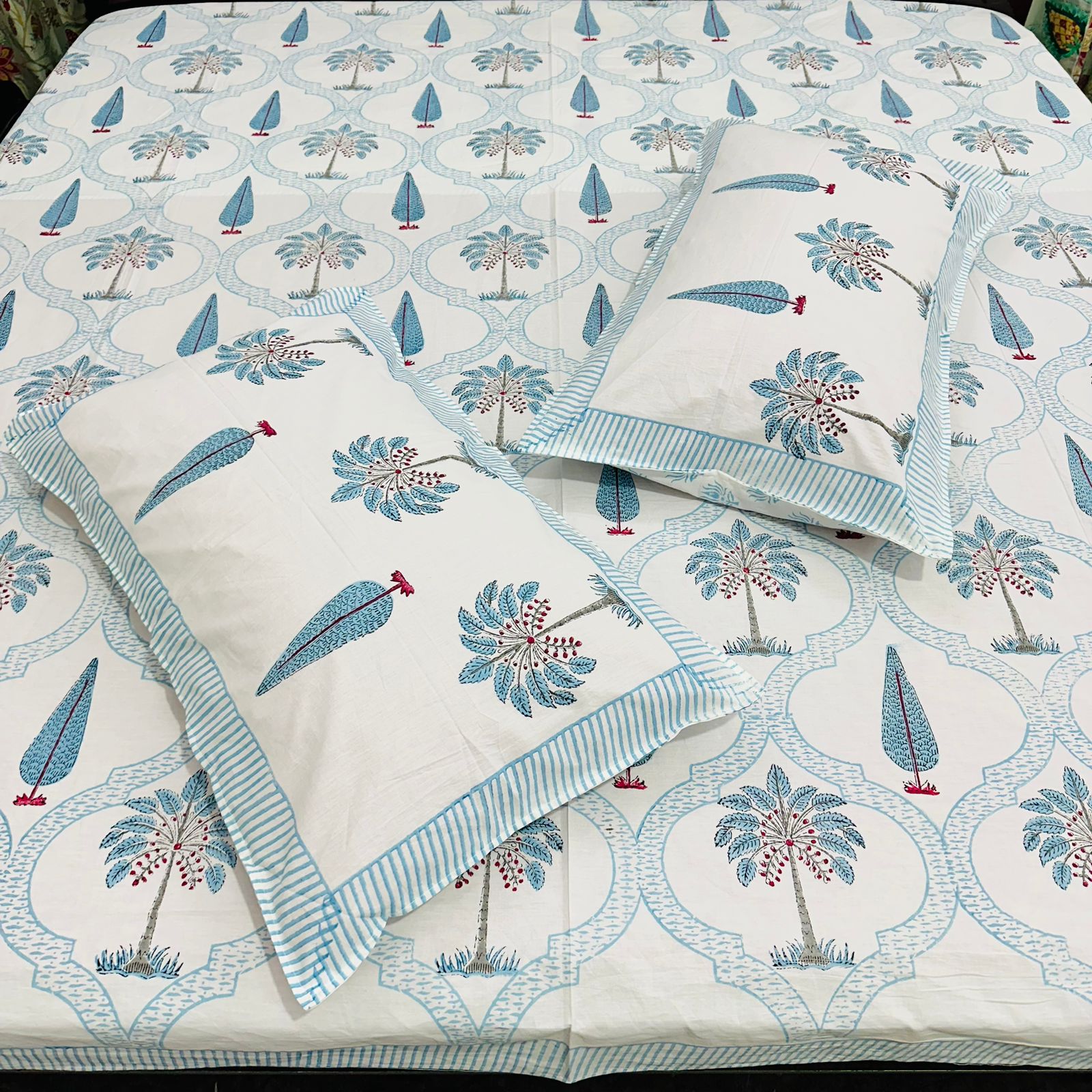 Blue Palm - Handblock Bedding hand block printed cotton bedding set styled view showing full set