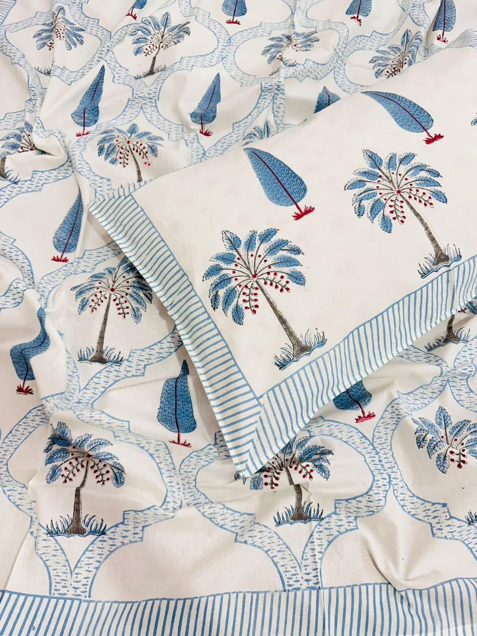 Blue Palm - Handblock Bedding, hand block printed cotton bedding set, main product image, Sanganer Jaipur artisan craft