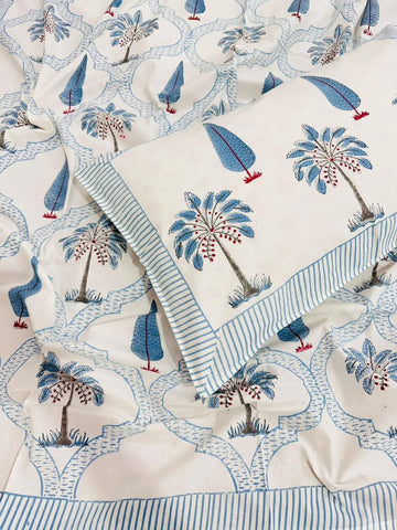 Blue Palm - Handblock Bedding, hand block printed cotton bedding set, main product image, Sanganer Jaipur artisan craft