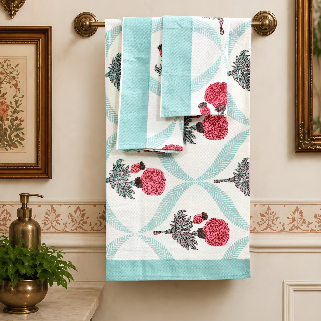 Blush Bloom Handblock Premium Bath Towel Set ( Towel + 2 Hand Towels ), hand block printed premium cotton bath towel set, main product image, Sanganer Jaipur artisan craft