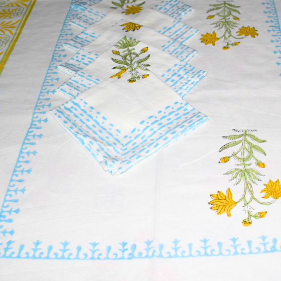 Blush Lemon Handlook Cotton Mat + Runner 7 Pcs Set, hand block printed cotton table mat and runner set, main product image, Sanganer Jaipur artisan craft