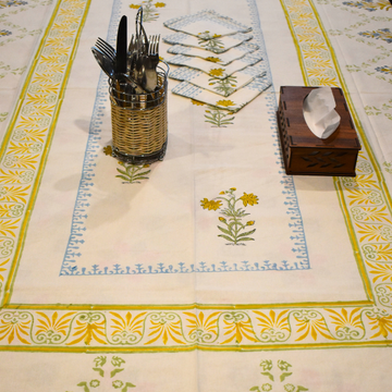 Blush Lemon Handlook Cotton Mat + Runner 7 Pcs Set, hand block printed cotton table mat and runner set, main product image, Sanganer Jaipur artisan craft