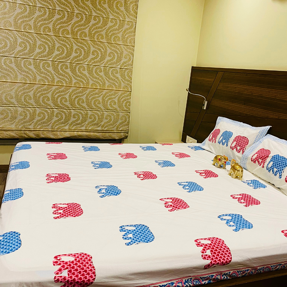 Dancing Elephants - Handblock Bedding hand block printed cotton bedding set close-up detail, hand block print pattern