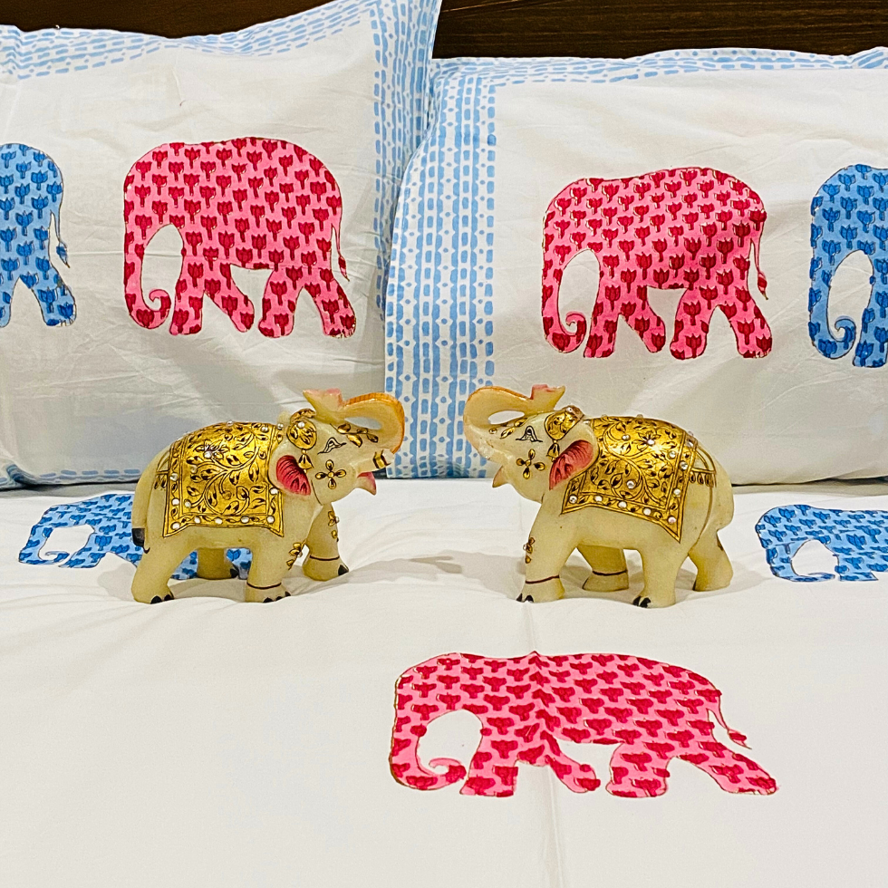 Dancing Elephants - Handblock Bedding hand block printed cotton bedding set close-up detail, hand block print pattern