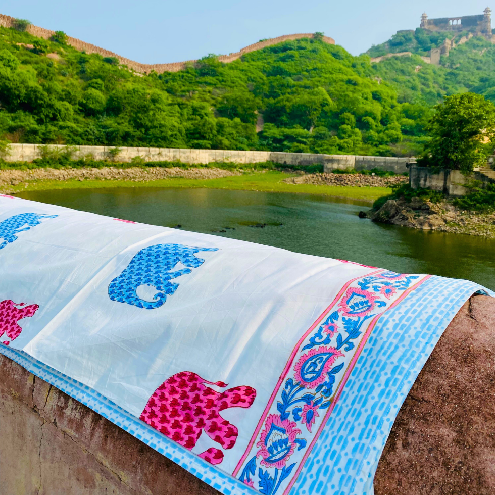 Dancing Elephants - Handblock Bedding, hand block printed cotton bedding set, main product image, Sanganer Jaipur artisan craft