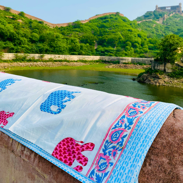 Dancing Elephants - Handblock Bedding, hand block printed cotton bedding set, main product image, Sanganer Jaipur artisan craft
