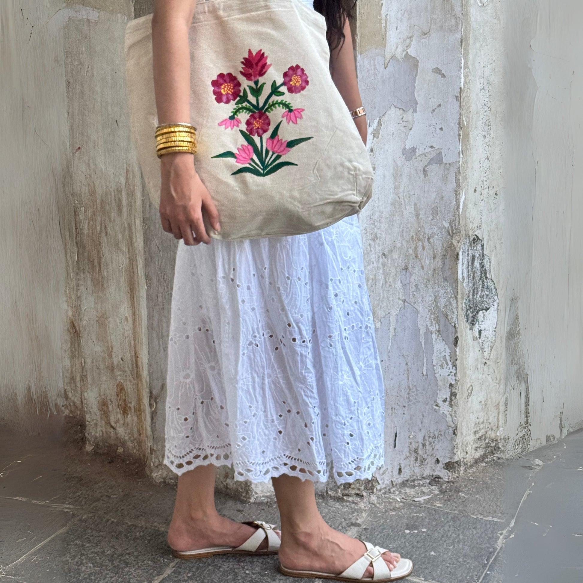 Flora Muse HandPainted Aesthetic Tote Bag hand painted cotton tote bag close-up detail, print pattern