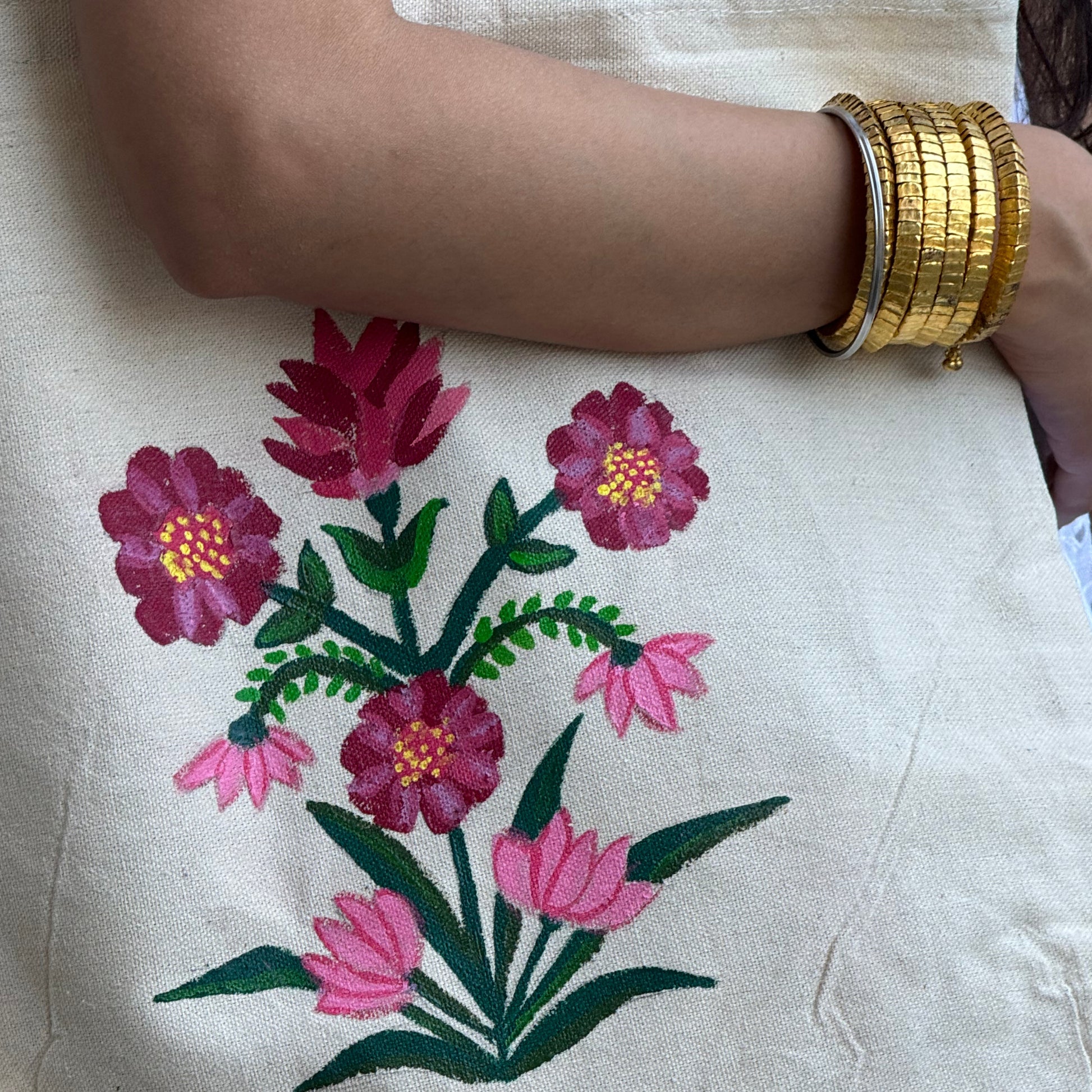 Flora Muse HandPainted Aesthetic Tote Bag hand painted cotton tote bag close-up detail, print pattern