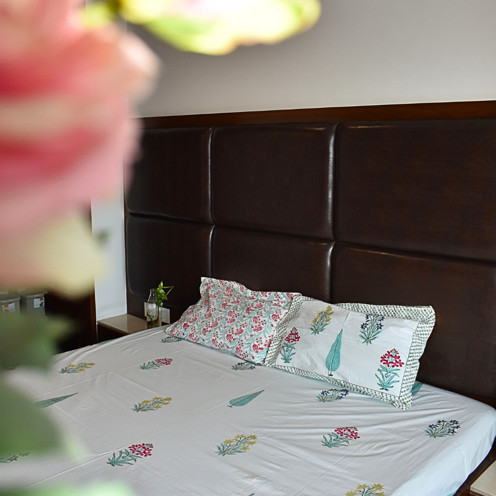 Gardenia - Handblock Bedding, hand block printed cotton bedding set, main product image, Sanganer Jaipur artisan craft