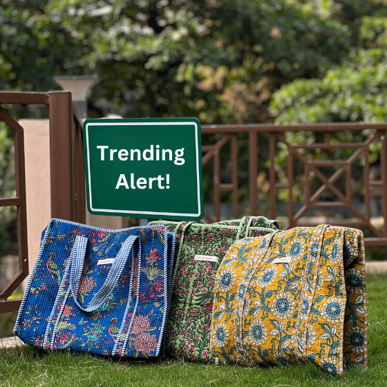 Gardenia Lush Quilted Tote Bag - 100% Cotton hand block printed quilted cotton tote bag styled view showing full set