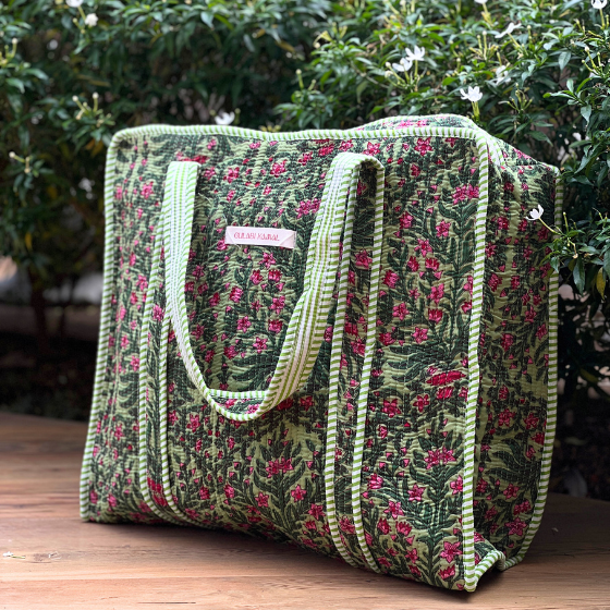 Gardenia Lush Quilted Tote Bag - 100% Cotton, hand block printed quilted cotton tote bag, main product image, Sanganer Jaipur artisan craft