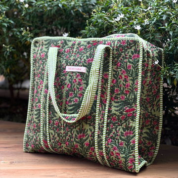 Gardenia Lush Quilted Tote Bag - 100% Cotton, hand block printed quilted cotton tote bag, main product image, Sanganer Jaipur artisan craft