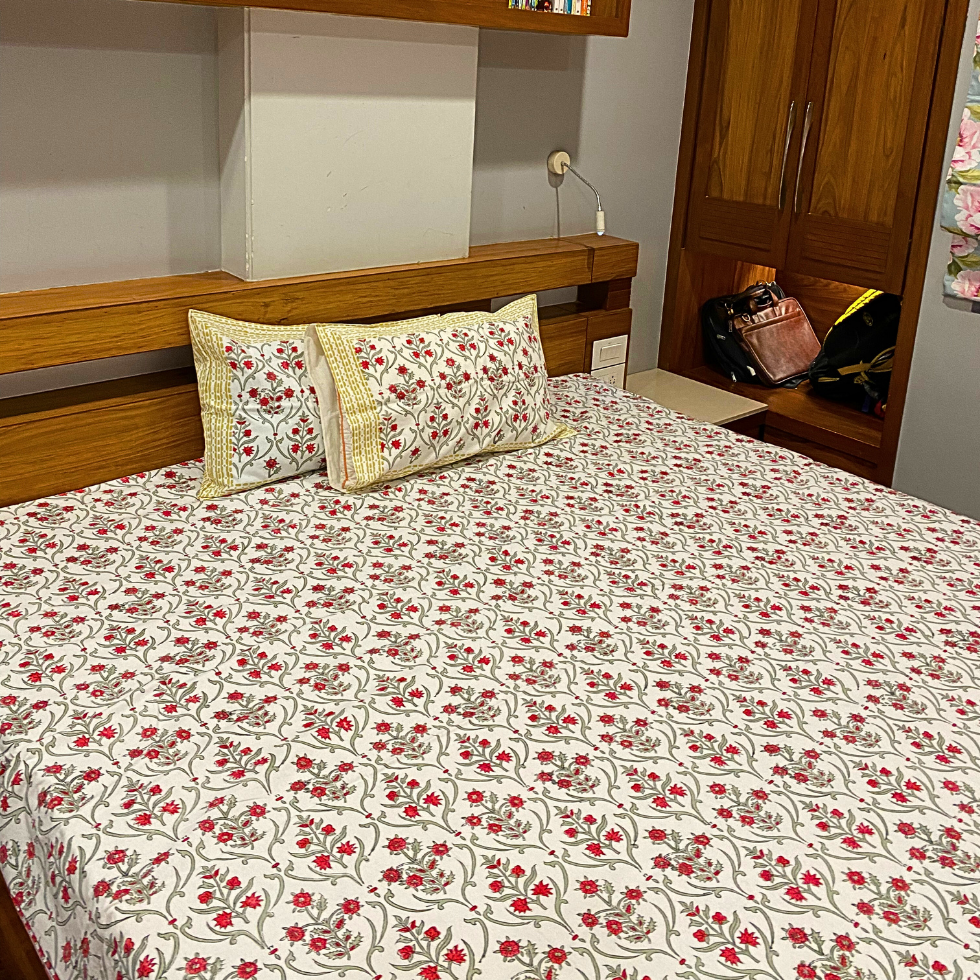 Garland Bliss - Handblock Bedding hand block printed cotton bedding set styled view showing full set