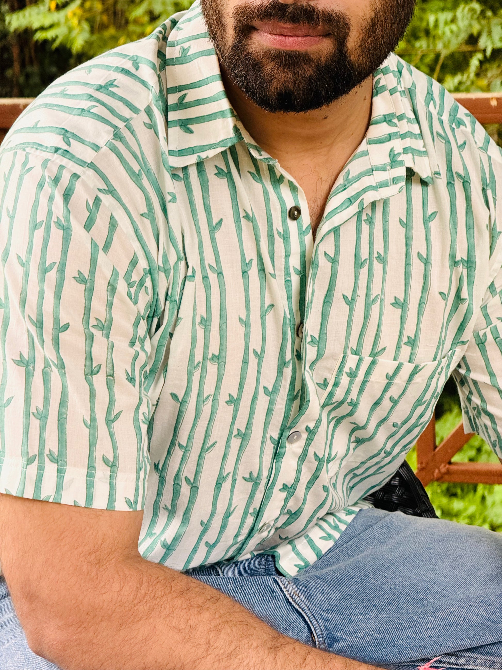 Green Bamboo Premium Hand Block Shirt hand block printed cotton shirt close-up detail, print pattern