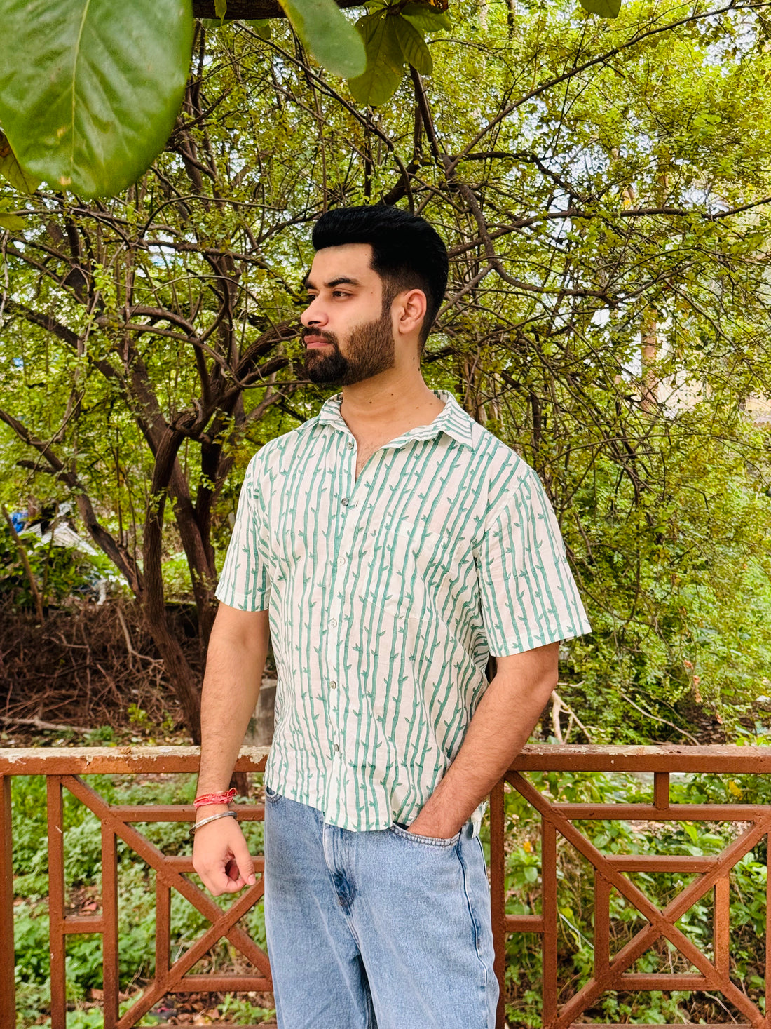 Green Bamboo Premium Hand Block Shirt, hand block printed cotton shirt, main product image, Sanganer Jaipur artisan craft